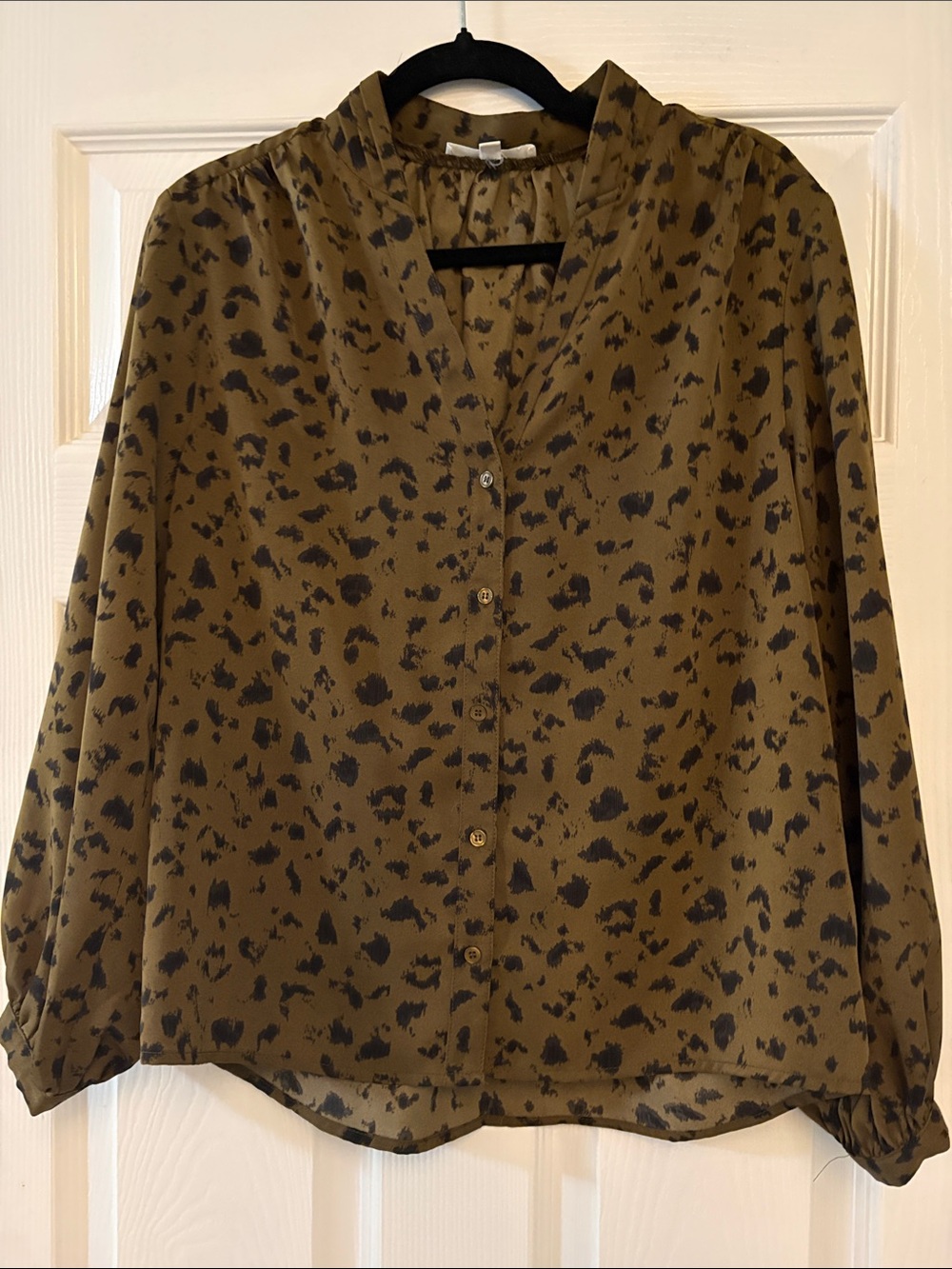 fun 2 fun Olive and Black Animal Print Button-Down Blouse
